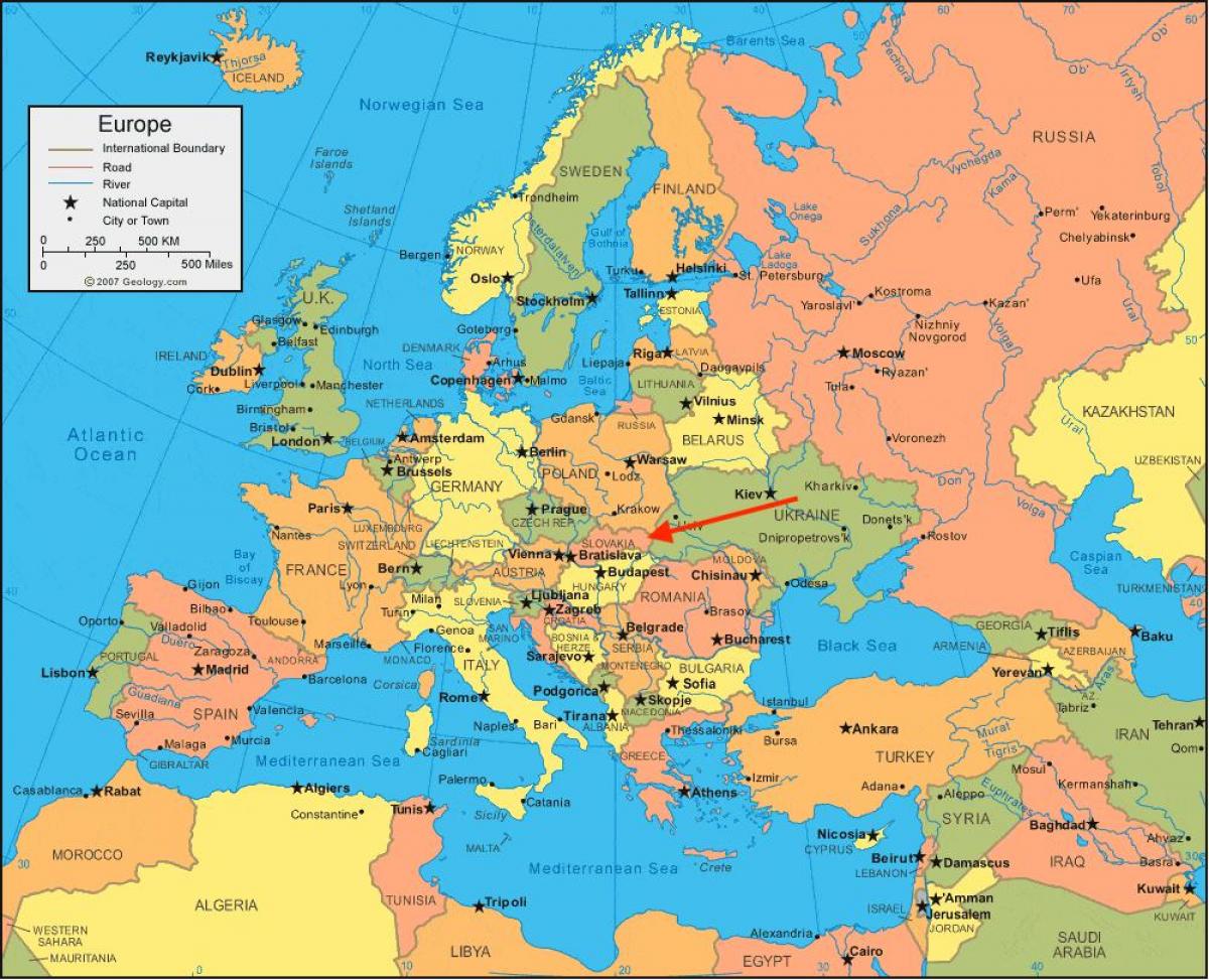 Localização da Eslováquia no mapa da Europa de Leste